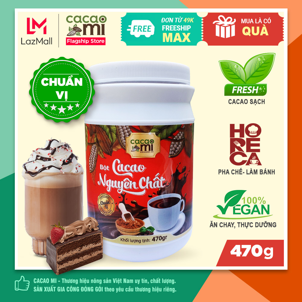 Bột ca cao nguyên chất không đường Cacao Mi HORECA pha chế socola nóng, làm bánh, granola giảm cân ăn kiêng hũ lớn 470g