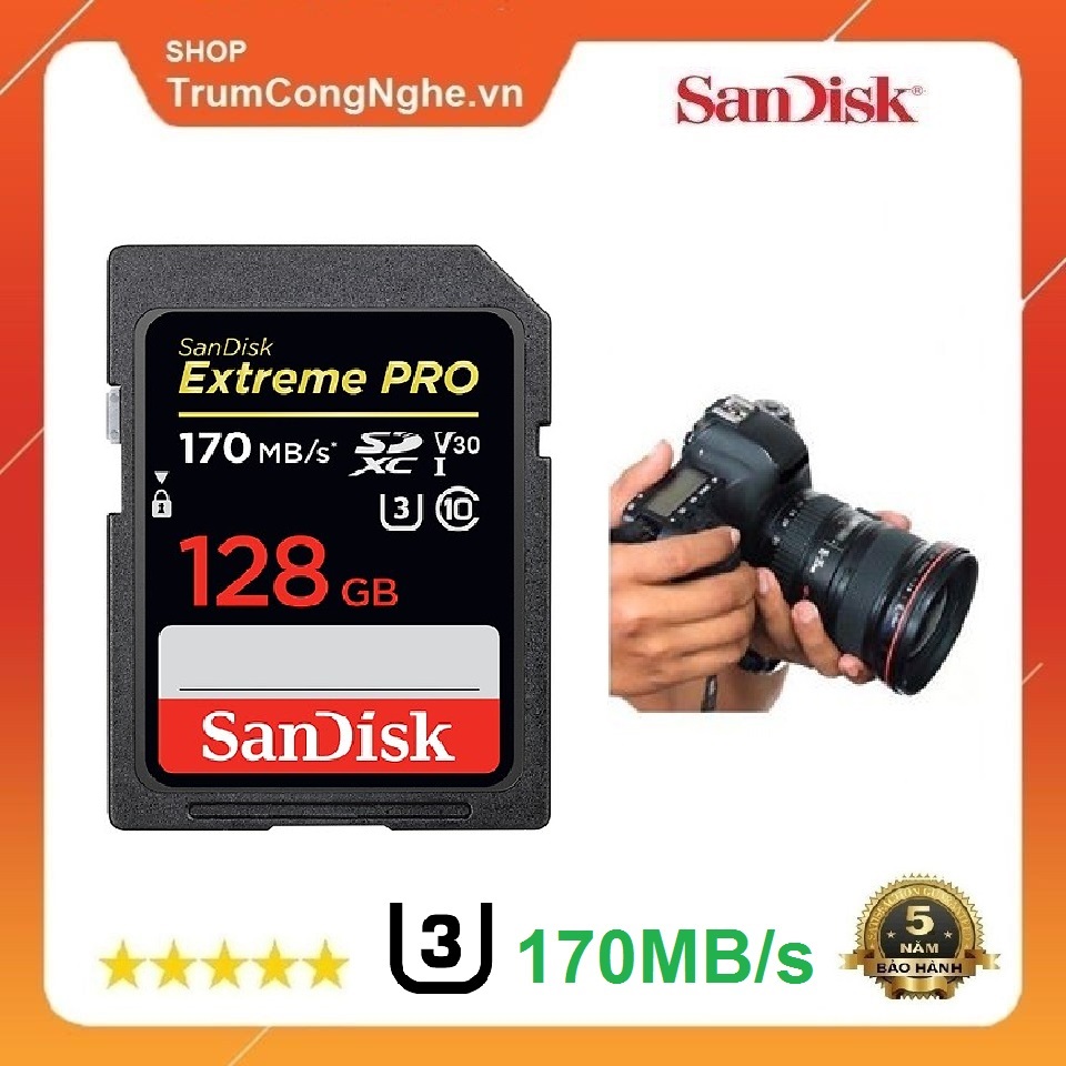 Thẻ nhớ máy ảnh sd sandisk extreme pro 128gb class10 u3 v30 170mb/s - tốc độ cao