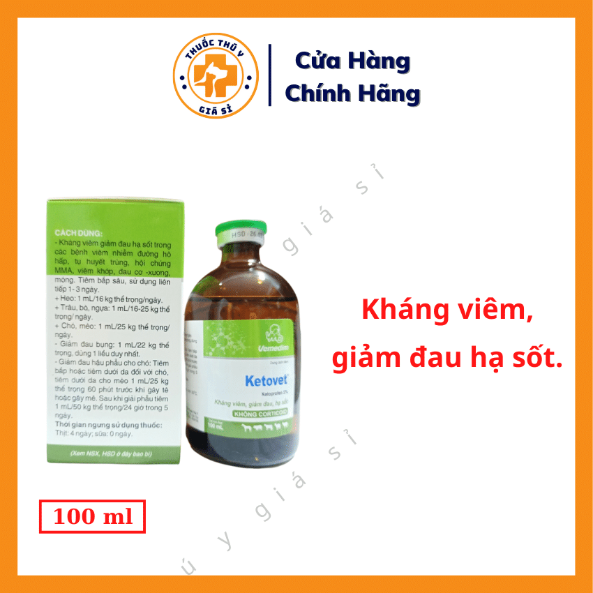 "Hoàn tiền đến 10%" Vemedim Ketovet 5% 100ml - Dùng Cho Hạ Sốt, Kháng Viêm, Tụ Huyết Trùng, Viêm Khớp, Đau Cơ Xương, Móng - Thú Y Giá Sỉ
