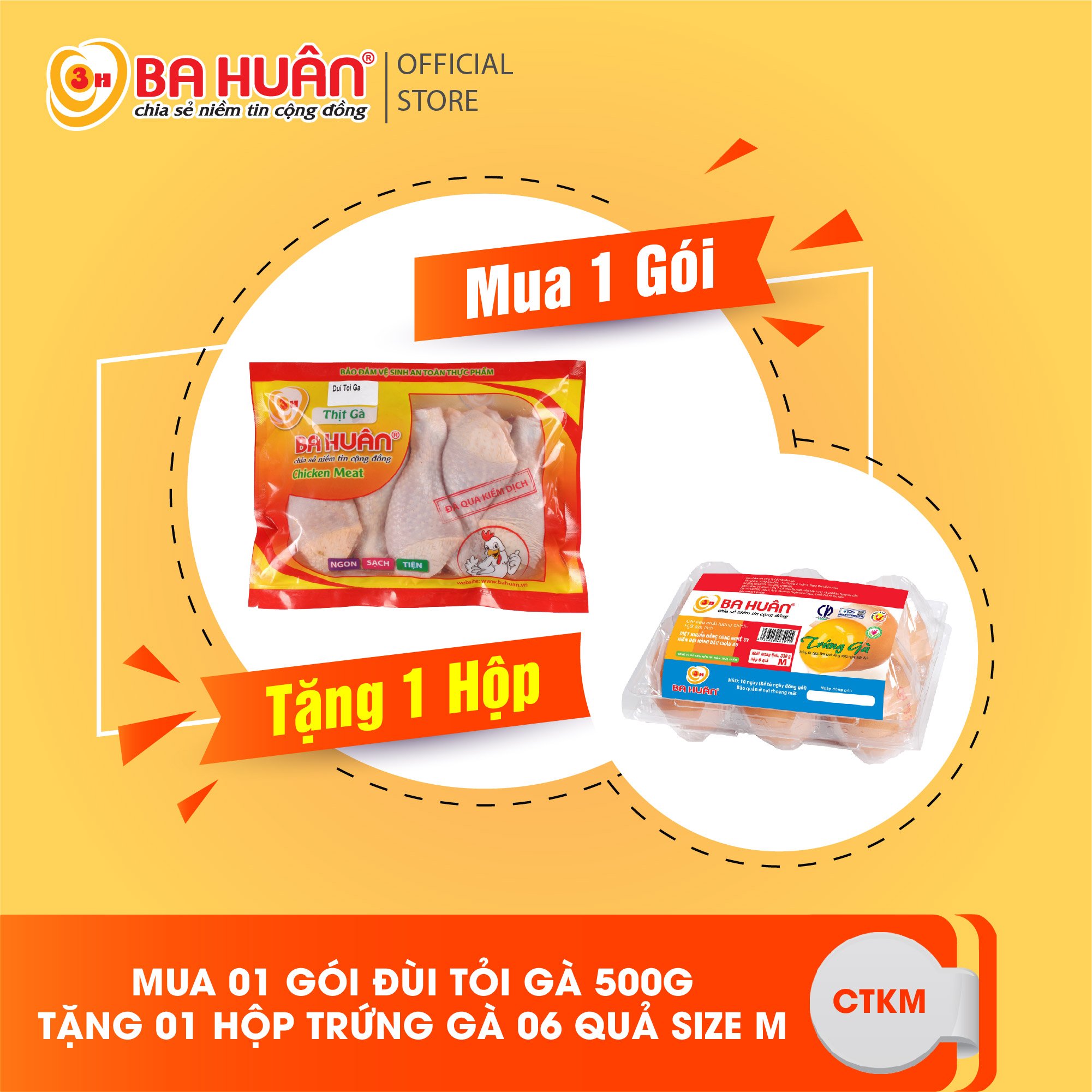 Mua Đùi tỏi gà Ba Huân gói 500gr, tặng 01 hộp 6 quả trứng gà size M