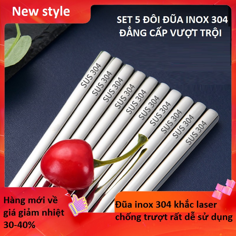 [HCM] SET 5 ĐÔI ĐŨA INOX 304 - COMBO 5  ĐÔI ĐŨA INOX CHỐNG TRƯỢT- ĐŨA IKIM LOẠI CAO CẤP-  Kháng Khuẩn - Phong Cách Nhật Hàn.