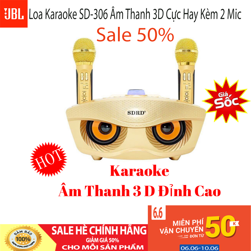 Loa karaoke bluetooth sdrd sd 306 mắt cú mẫu mới 2021 - micro hát karaoke không dây tặng kèm 2 micro không dây có màn hình lcd - chỉnh bass treble echo ngay trên micro loa xách tay du lịch cực chất có giá đỡ điện thoại.