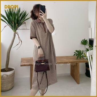 Váy polo cộc tay họa tiết ziczac, đầm suông dáng dài cổ bẻ phom rộng bầu bì bon chen được