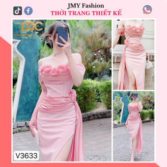 V3633 Váy đầm hồng 2 dây trễ vai dự tiệc [Dolce Viva Colection (DVC)] đầm body hồng xẻ hông sang chảnh