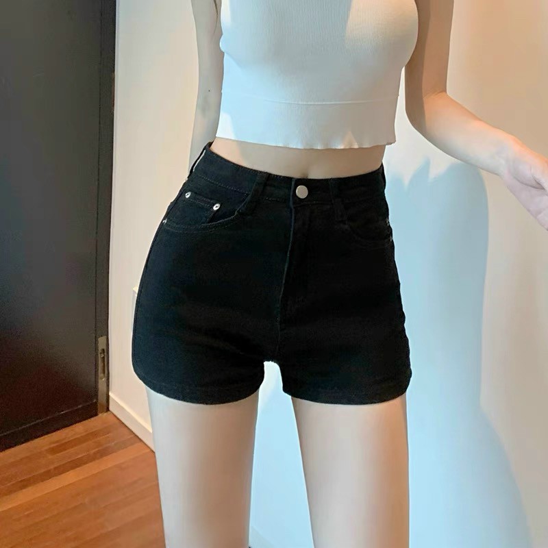 Quần sọt jean nữ hàng co giãn mạnh màu đen trơn