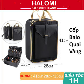 Cốp Trang Điểm Dạng Balo Viền Khóa Vàng Chuyên Nghiệp Cao Cấp Bằng Vải Da Chống Nước Chính Hãng HALOMI