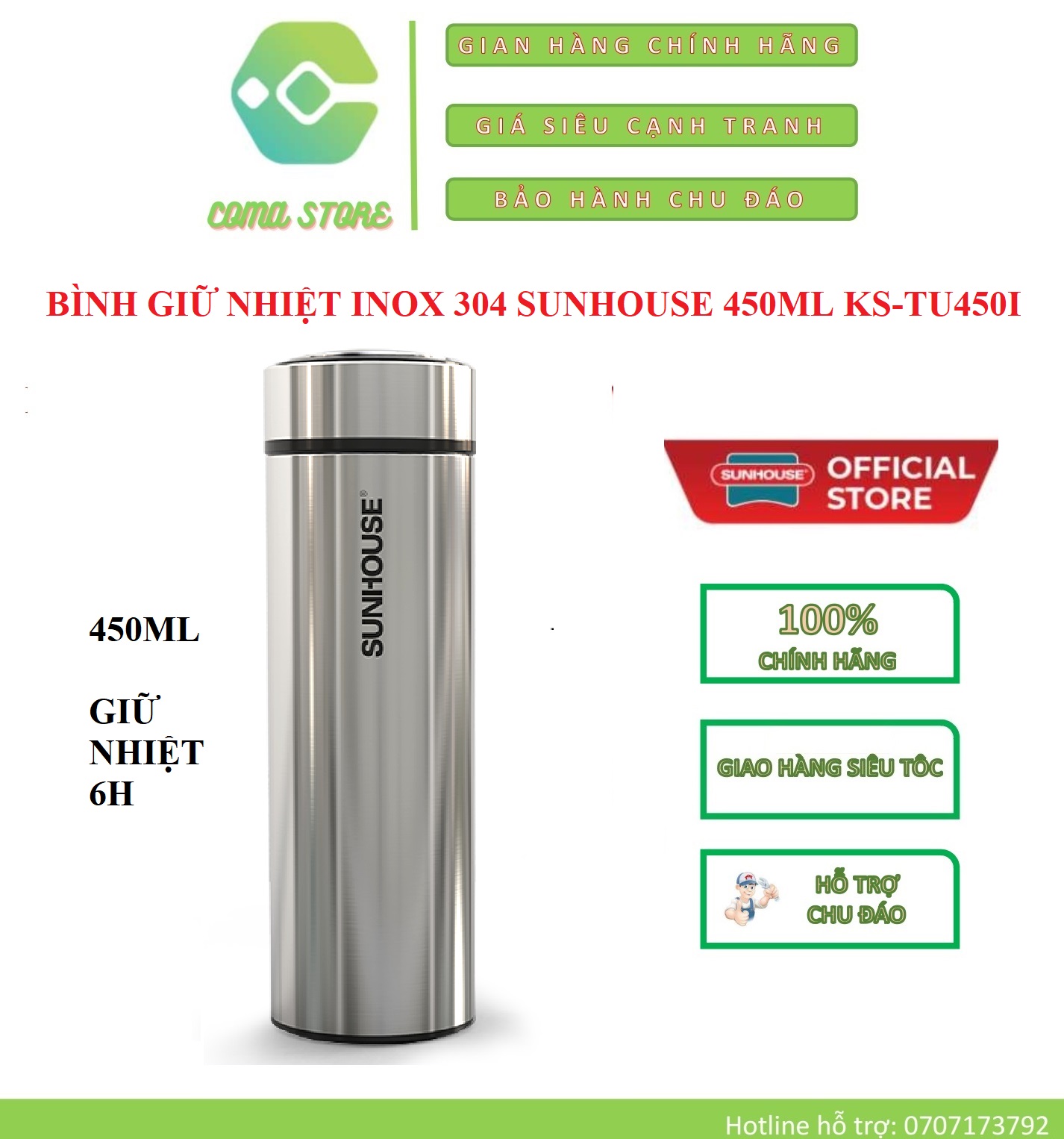 Bình giữ nhiệt inox 304 sunhouse 450ml ks-tu450i giữ nhiệt 6h – hàng chính hãng