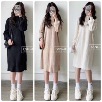 Váy len suông dài tay bo, đầm suông thun len gân dáng dài thu đông 3 màu cá tính