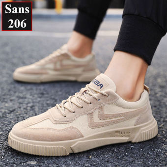 Giày sneaker nam Sans206 da lộn màu be đen đế bằng cột dây giầy thể thao sports
