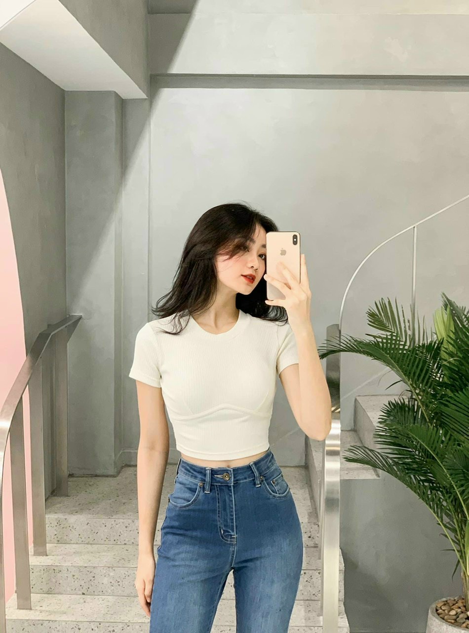 Áo croptop nữ ôm body tay ngắn áo thun trơn cổ tròn chất len gân tôn dáng dày dặn