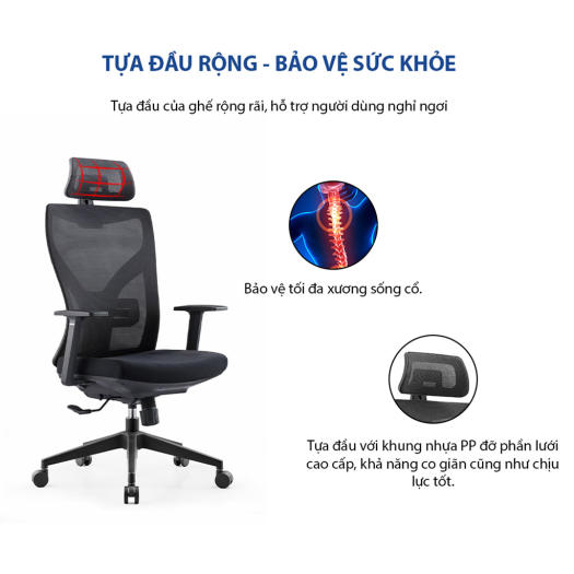 Ghế xoay văn phòng công thái học GOVI Ryan R02TD - Thiết kế tựa đầu điều chỉnh độ cao, tựa tay cố định, mâm ghế ngả sau, khóa ngả 1 vị trí