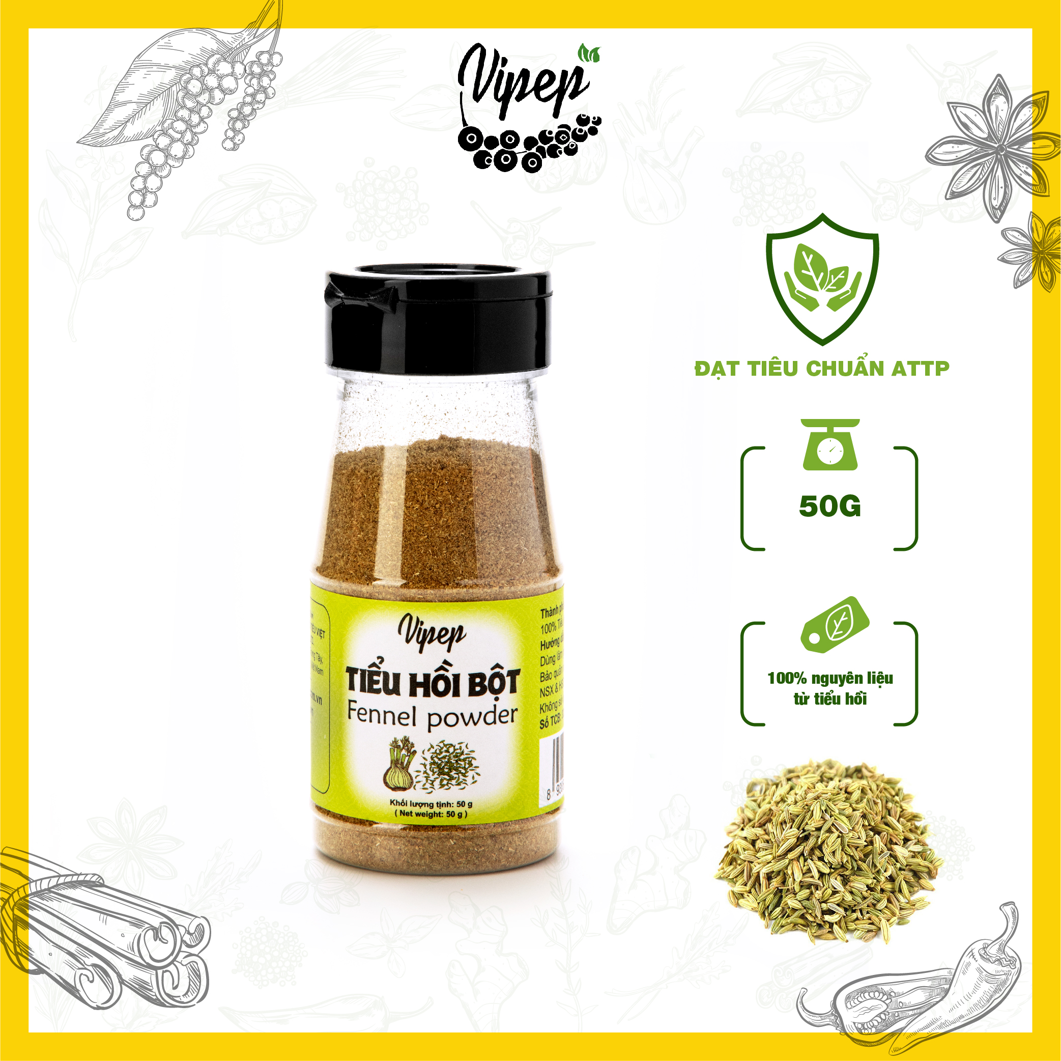 Bột tiểu hồi Vipep 50gr nguyên chất 100% - gia vị tẩm ướp cho phở, salad, bánh mì đen tốt cho sức khoẻ