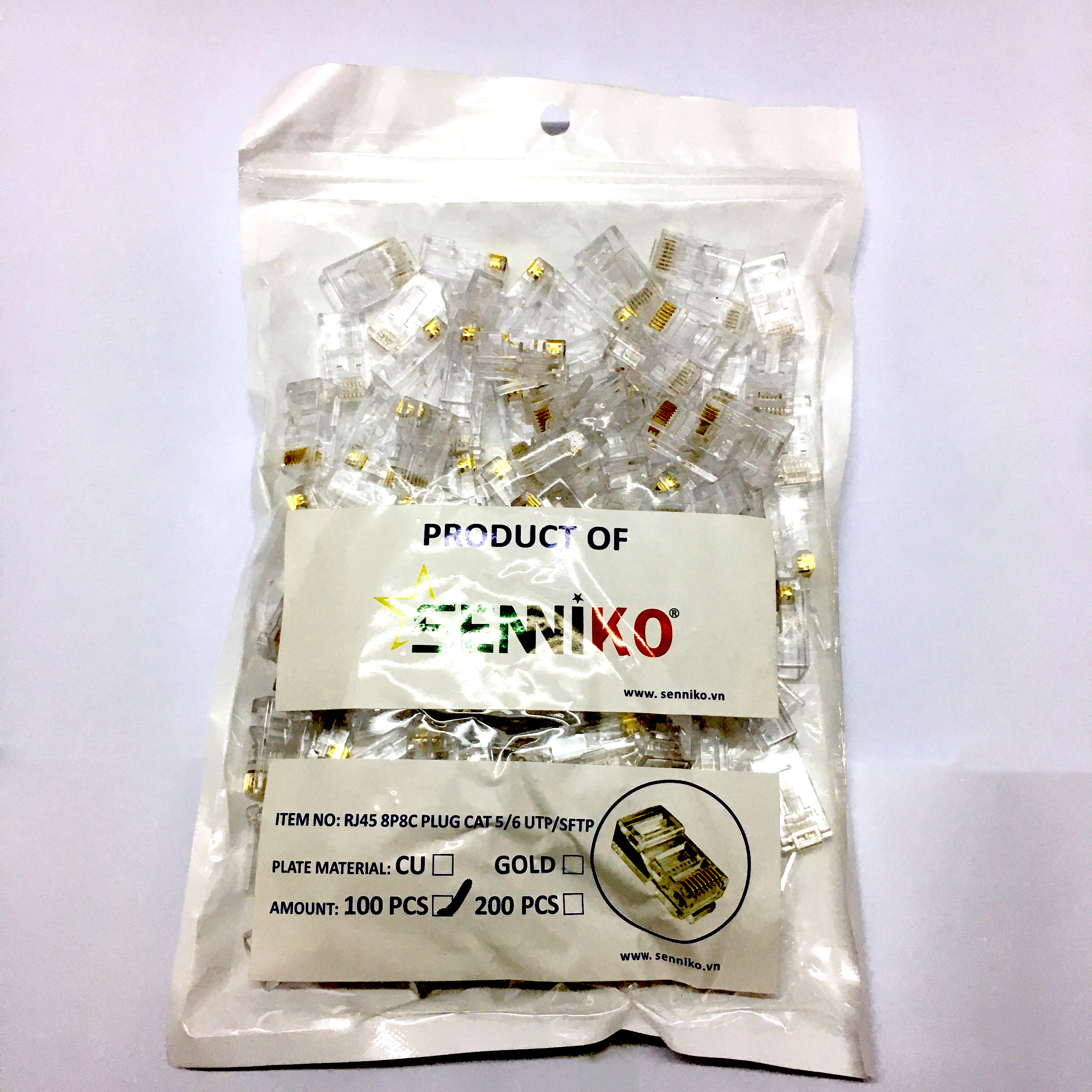 Túi 100 Hạt Hạt mạng Seniko, Hạt Mạng RJ45, Hàng Cao cấp chuyên dụng cho cáp mạng 4 sợi hoặc 8 sợi loại tốt