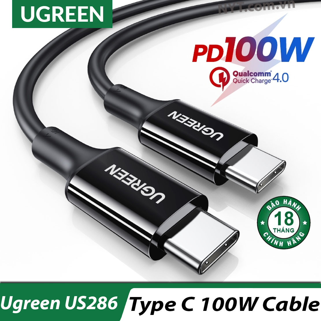 Dây sạc nhanh 100w 2 đầu type c ugreen us286 us264 - bh 18t chính hãng