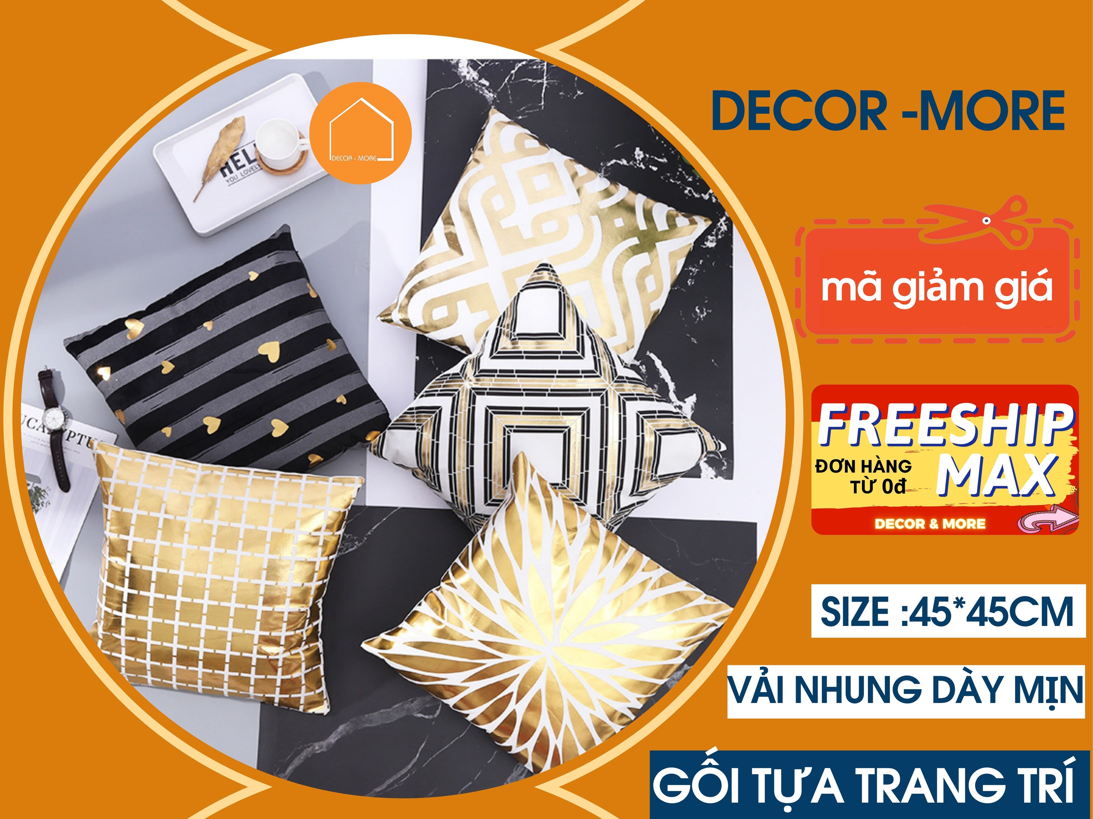 Áo gối tựa lưng, vỏ gối sofa, vải nỉ nhung dày mịn, in ánh vàng sang trọng, size 45*45cm