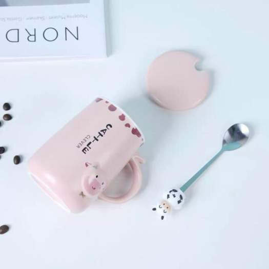 Ly Cốc Sứ Bò Sữa Có Nắp Và Thìa Uống Trà Uống Cà Phê Siêu Cute
