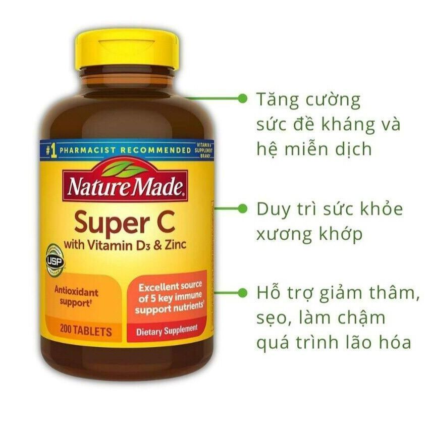 Viên Super C tăng cường hệ thống miễn dịch Na.ture Made Super C with Vitamin D3 và Znc của Mỹ hộp 200 viên