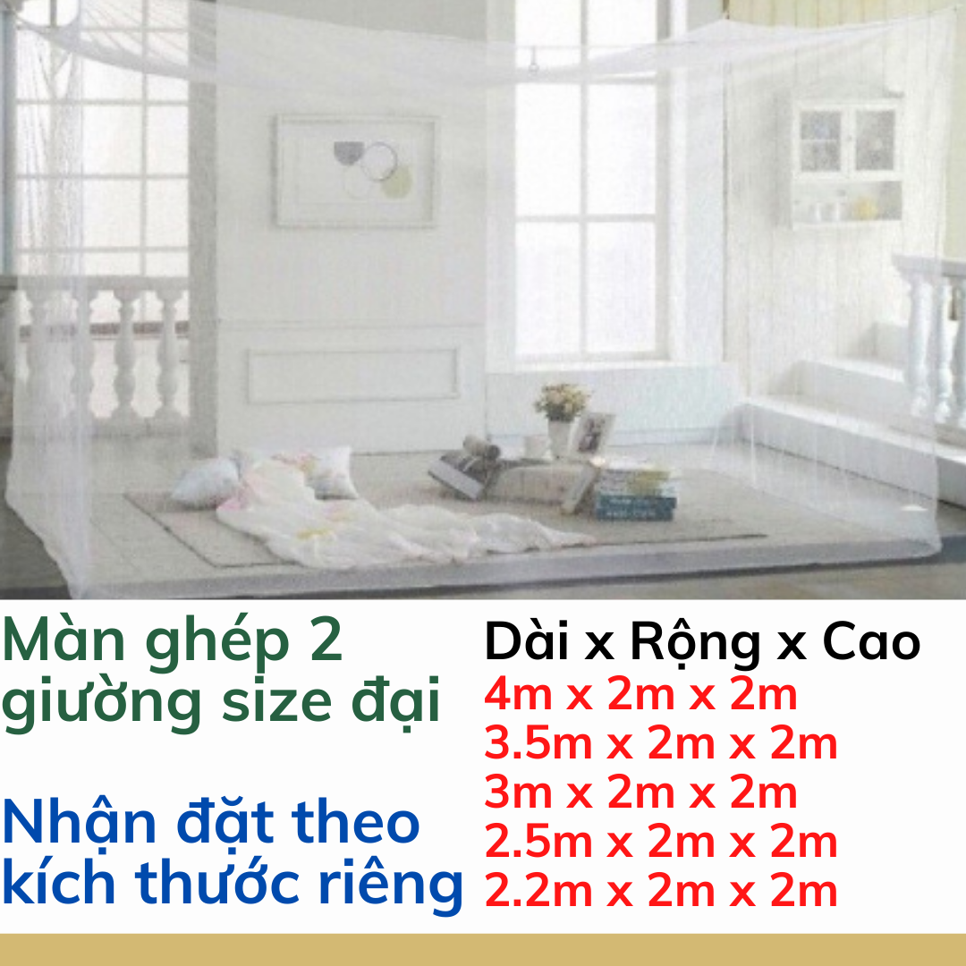 Màn tuyn, mùng tuyn ghép 2 giường đủ kích thước 4mx2m, 3.5mx2m, 3mx2m, 2.5mx2m, 2.2mx2m - màn tuyn mùng tuyn ghép giường size đại, màn ghép giường, mùng ghép giường, màn tuyn mùng tuyn chống muỗi