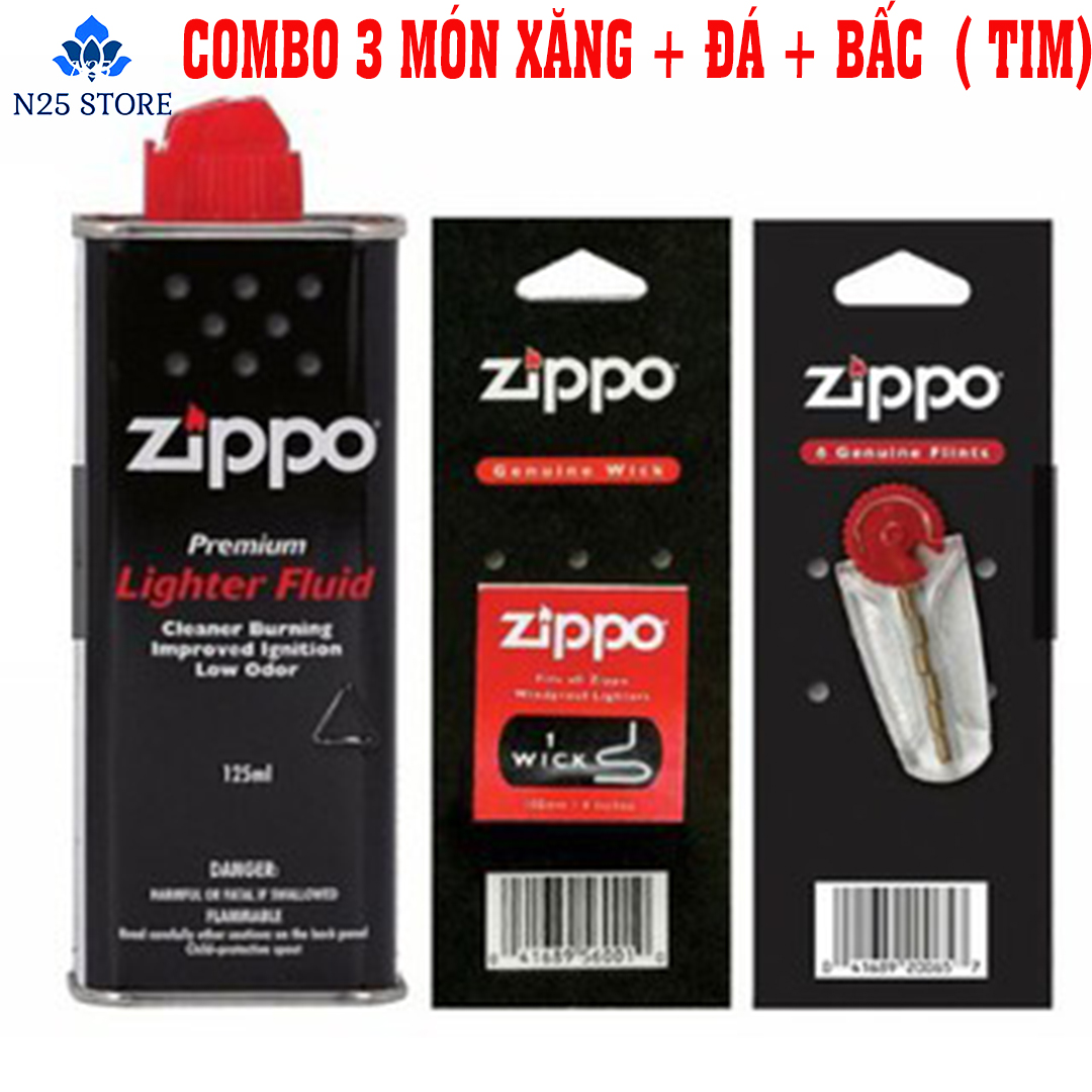 [ Chuẩn Mỹ ] Combo 3 Món Xăng Zippo +Bấc (Tim) + Đá Xịn - Phụ Kiện Chính Hãng Dành Cho Quẹt Zippo
