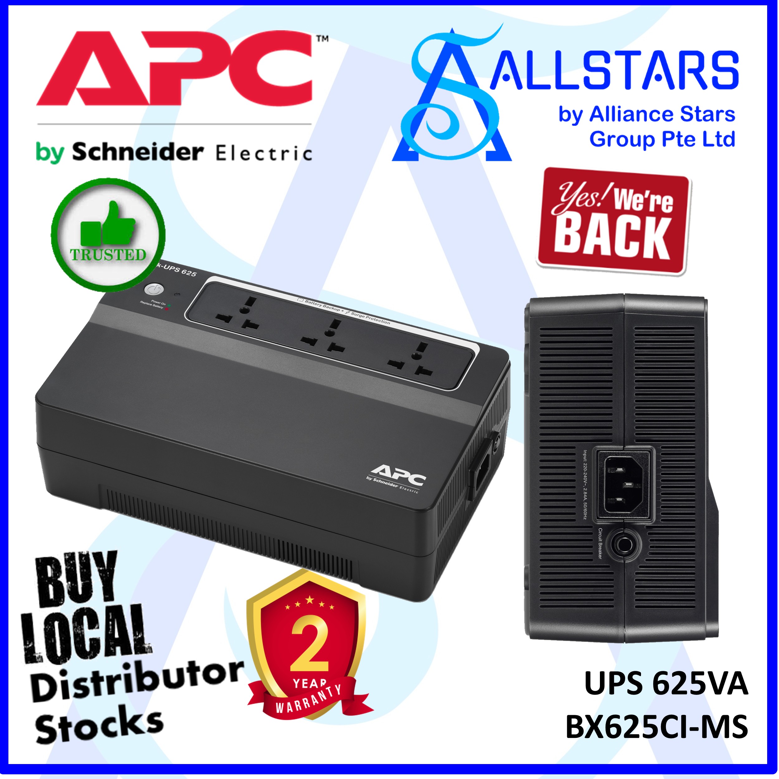 APC Back-UPS BX625CI 625VA Battery Backup UPS 3 Outlets