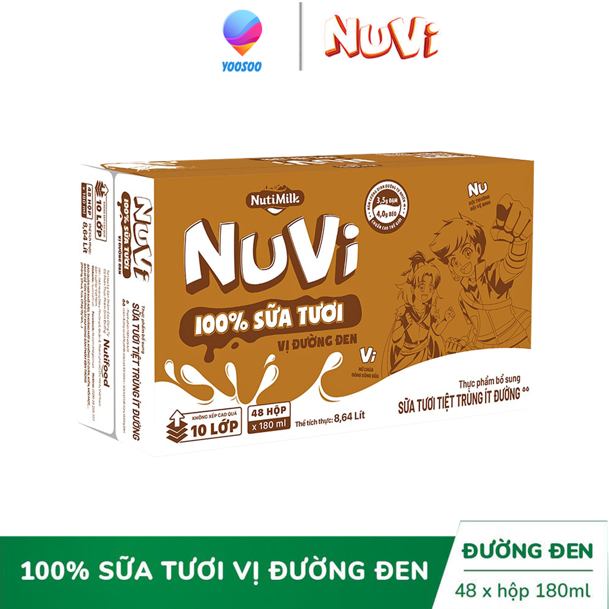 Thùng 48 Hộp NutiMilk Sữa tươi tiệt trùng ít đường vị đường đen 180ml - Thương Hiệu NUTIFOOD - CIRINO