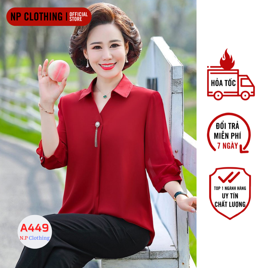 Áo Kiểu Trung Niên Nữ A449 Mẫu Áo Trung Niên Cổ Sơ Mi Kèm Phụ Kiện Form Rộng Tay Lỡ Thời Trang Trung Niên NP Clothing