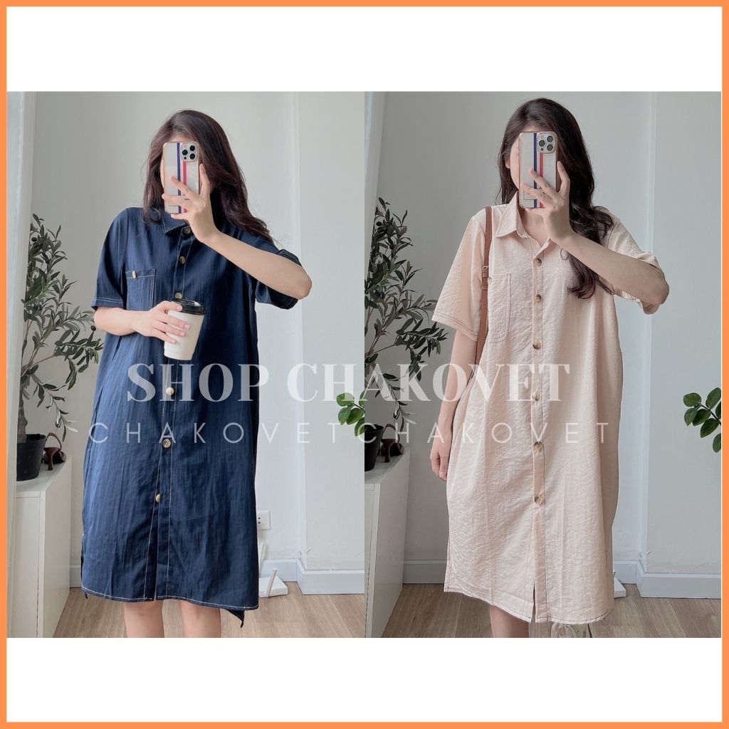 Váy sơ mi nữ dáng ulzzang cộc tay V.8292, kiểu đầm dự tiệc đi biển dáng suông trơn cúc gỗ viền chỉ nổi chất đũi - CHAKOVE