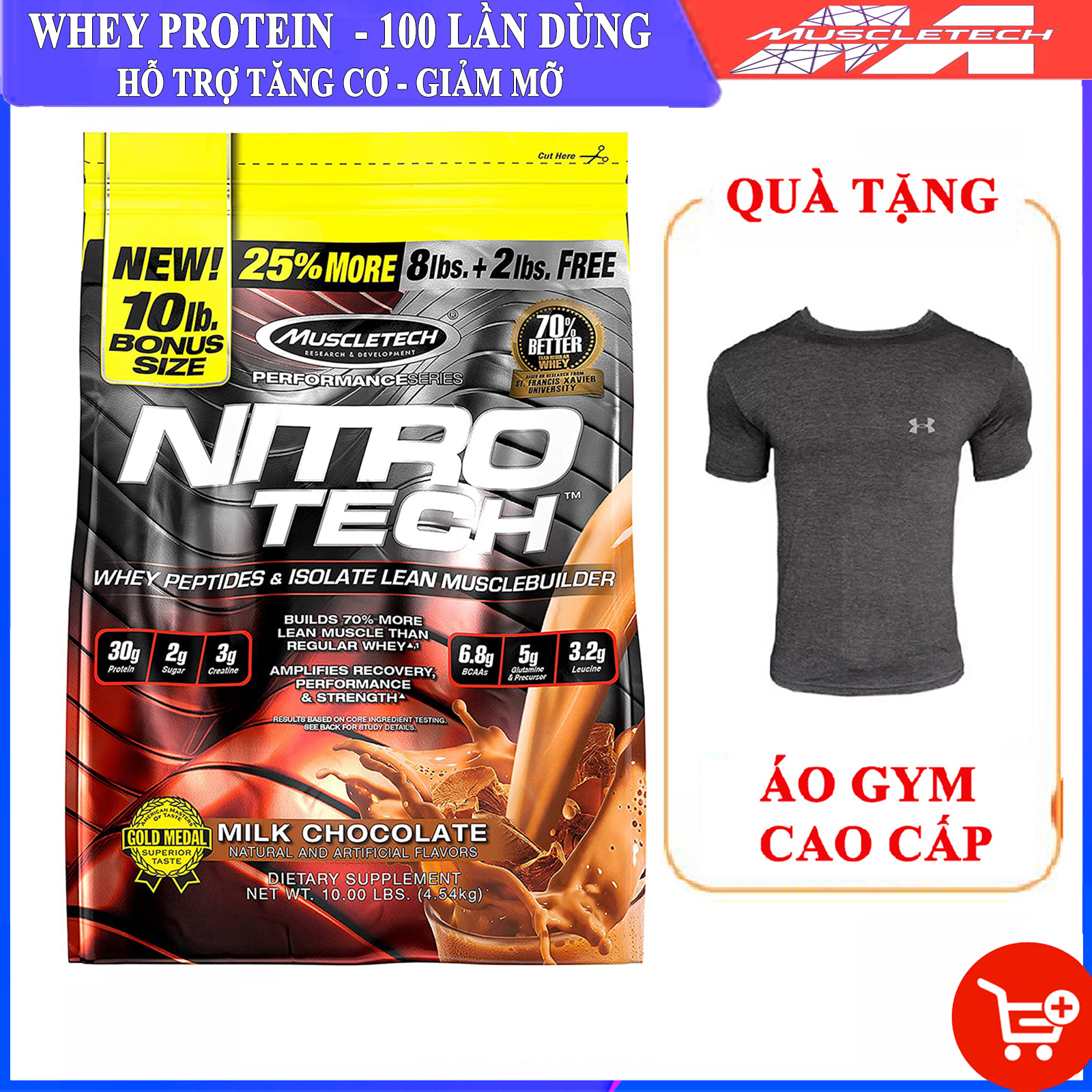 [TẶNG ÁO GYM] Sữa tăng cơ giảm mỡ cao cấp Whey Protein Nitro Tech của MuscleTech hương Chocolate bịch 4.5 kg 100 lần dùng hỗ trợ tăng cơ cực mạnh, tăng sức bền sức mạnh, đốt mỡ, giảm cân, giảm mỡ bụng cho người tập gym