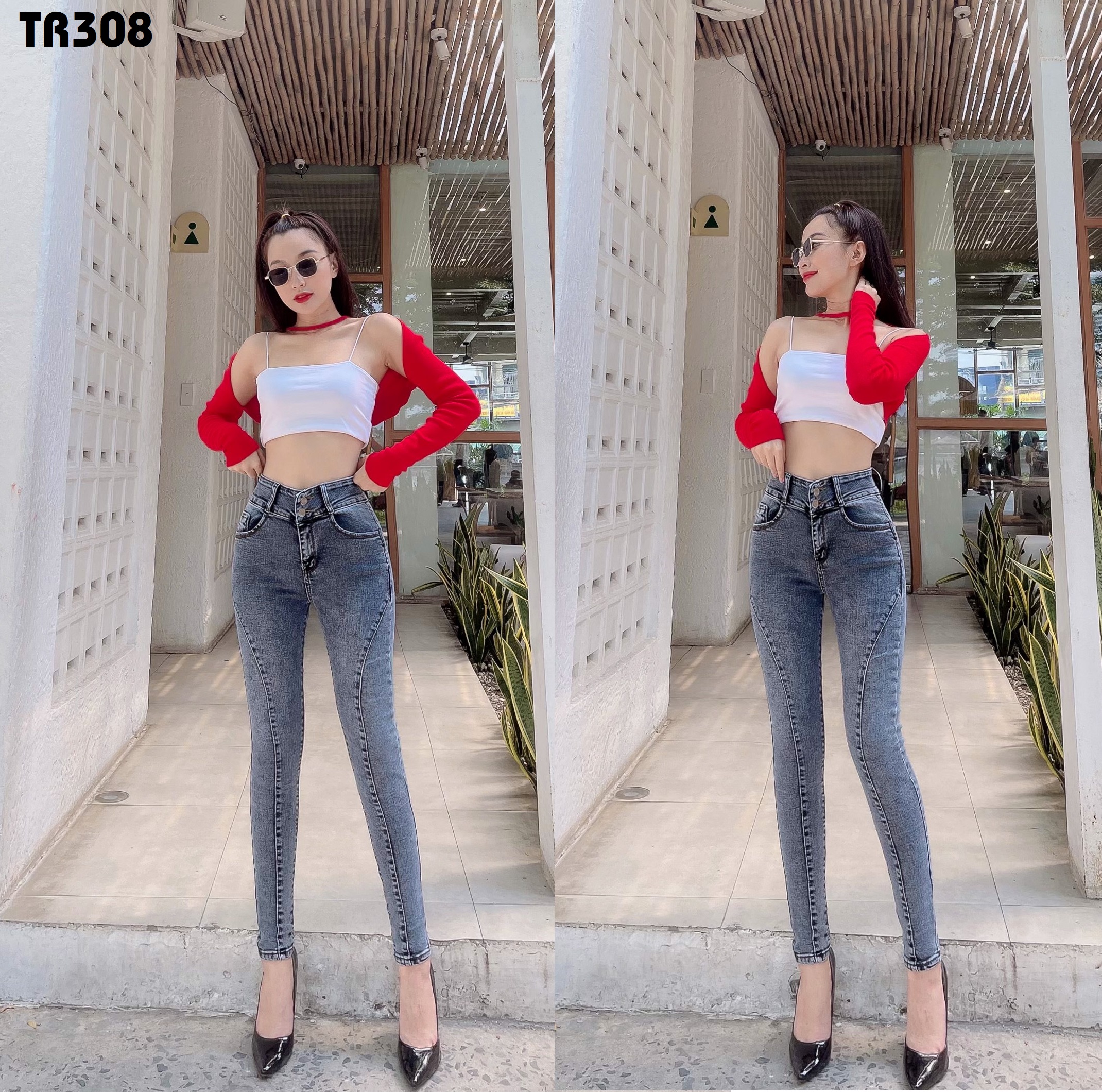 Quần jean nữ ống ôm Nomy gân xéo trước Tr308