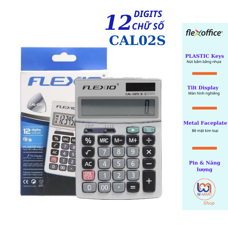 Máy tính cầm tay flexio cal-02s màn hình lcd rộng và sáng, hiển thị số rõ nét 12 chữ số
