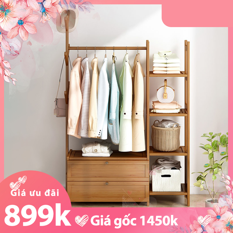 Tủ treo quần áo gỗ tre kích thước 100138cm kèm ngăn để đồ, giàn treo quần áo,cây treo quần áo, kệ treo quần áo, tủ quần áo