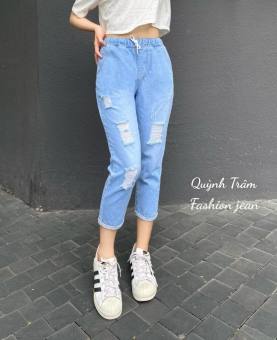 Quần Jean Nữ Dáng Baggy Lỡ Lưng Thun Xăn Lai Rách Bụi Siêu Xinh Có Size Đại