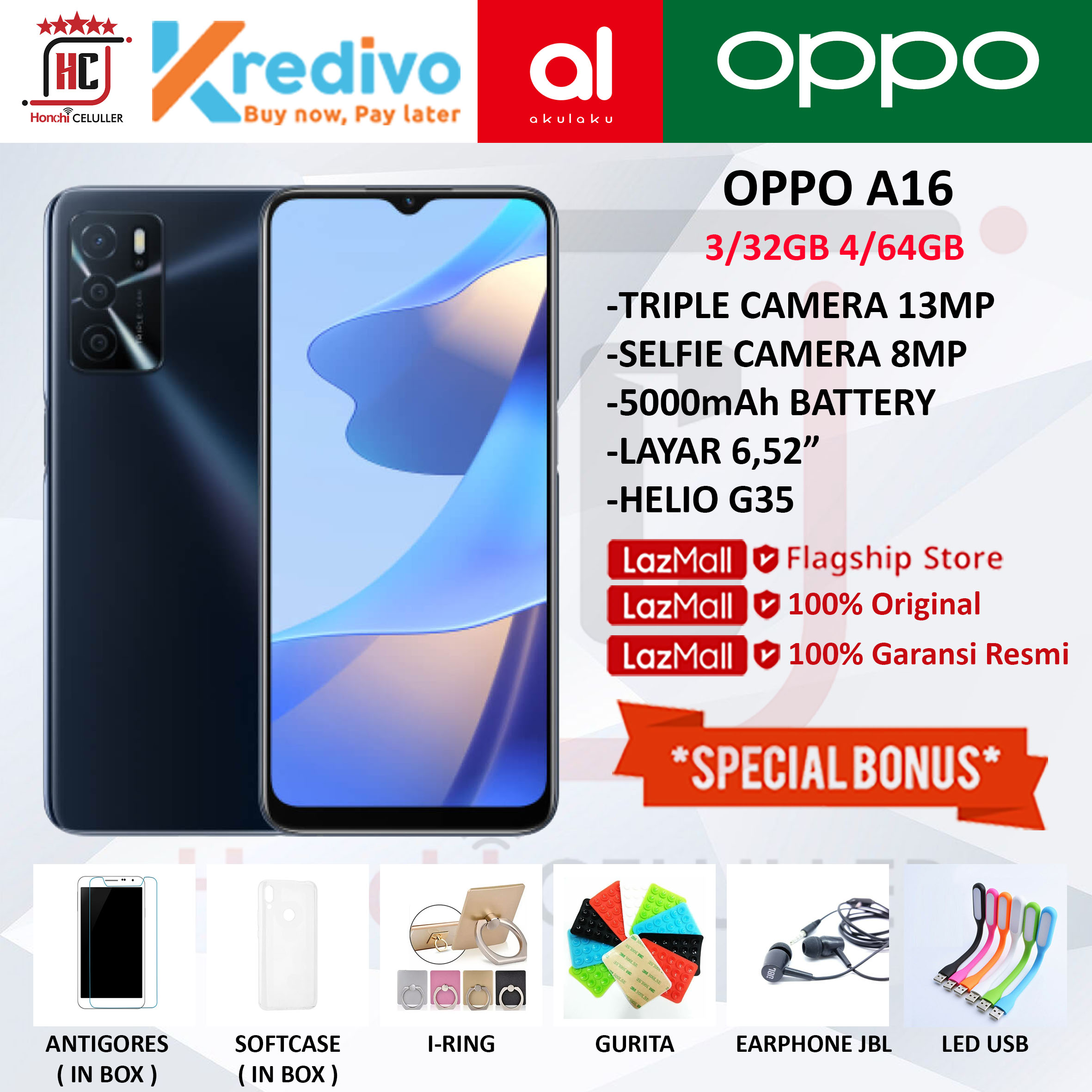 OPPO A16 4/64GB RAM 4GB ROM 64GB GARANSI RESMI OPPO INDONESIA Harga 1,699,000 rupiah*Gratis Ongkir