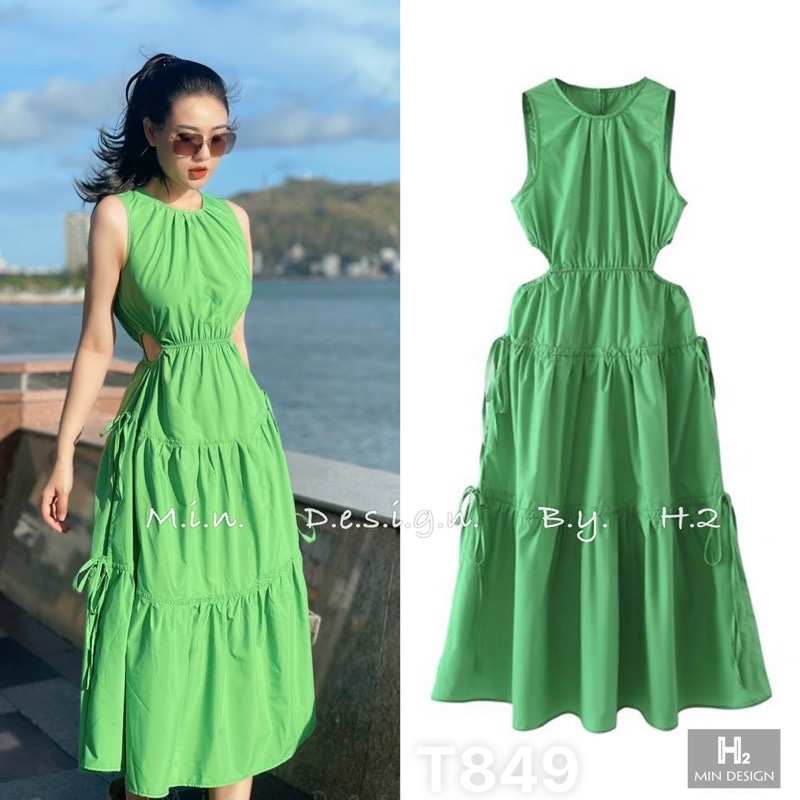 Đầm maxi lụa dáng dài sát nách xếp tầng khoét eo đi biển dạo phố dự tiệc lụa 100d T849