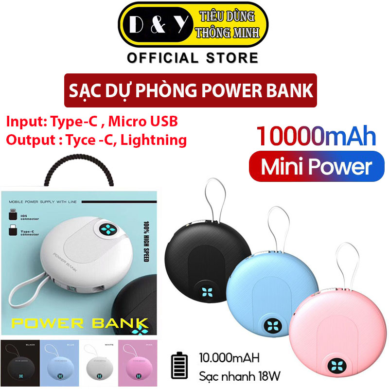 Pin sạc dự phòng Power Bank 10000mAh có sẵn cáp, hỗ trợ sạc nhanh, Cục sạc dự phòng đa năng 4 cổng, 2 input, 2 output, Sạc dự phòng mini thiết kế nhỏ gọn, dễ mang theo tiện dụng như sạc dự phòng xiaomi