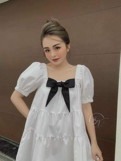 Giảm giá Đầm babydoll nơ cổ trắng/ Váy babydoll dáng xoè tay dài phồng chất  đũi nơ cổ trắng - Mua Thông Minh