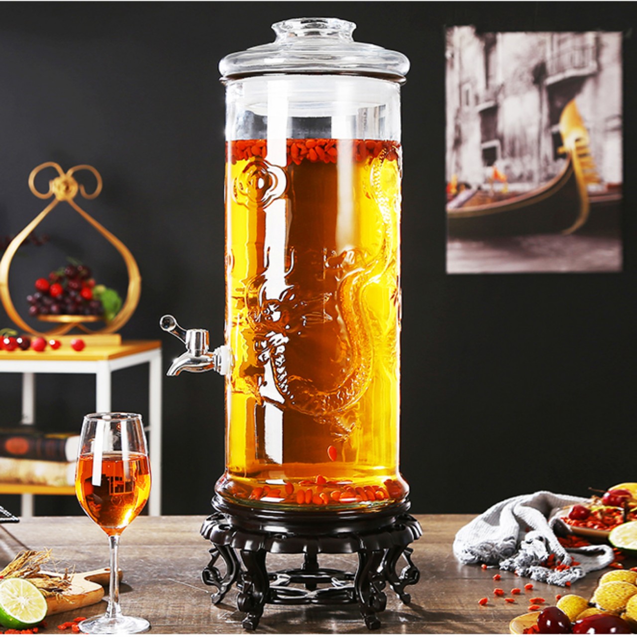 Bình ngâm thuỷ tinh 6 lít dáng trụ hoa văn rồng - tr6l