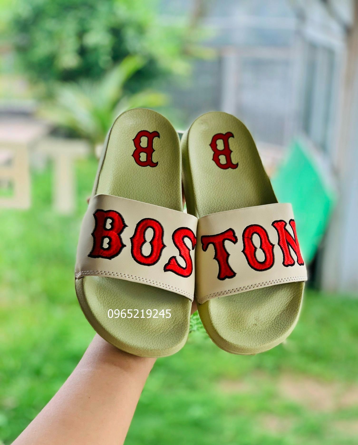 Dép unisex MLB BOSTON dép quai ngang thể thao nam nữ, Dép mlb bóng chài quai ngang thể thao nam nữ,dép puma nam nữ màu xanh bơ thêu đỏ