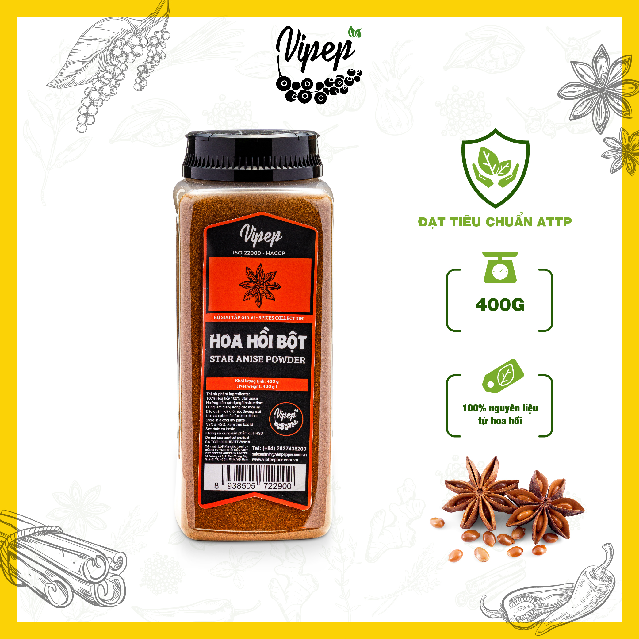 Bột hoa hồi khô Vipep 400g nguyên chất, gia vị chế biến nước phở, món tiềm, ninh, cà ri đậm đà