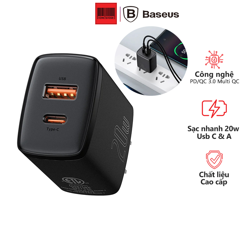 Củ sạc nhanh 20w baseus compact quick charger 2 cổng usb + usb c, 20w pd/qc 3.0 multi quick charge support, củ sạc 20w sạc nhanh cho iphone, ipad