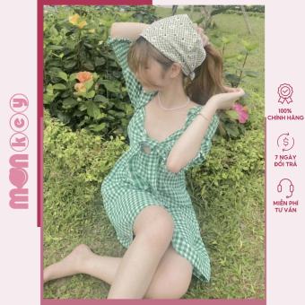 Váy caro nơ ngực chun tay đầm babydoll kẻ sọc caro xanh ngắn tay Monkeyshop