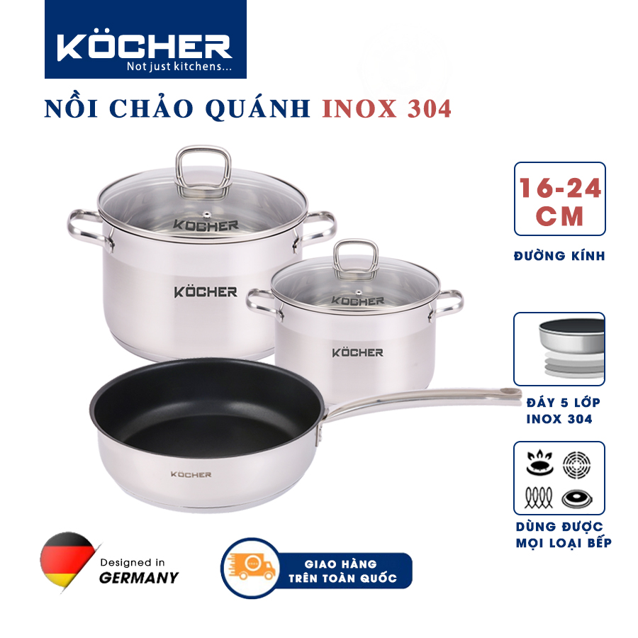 Bộ nồi chảo cao cấp KOCHER dùng cho mọi loại bếp bao gồm Chảo inox 24cm & Nồi inox 304 20cm & Quánh nấu bột 16cm bảo hành 2 năm