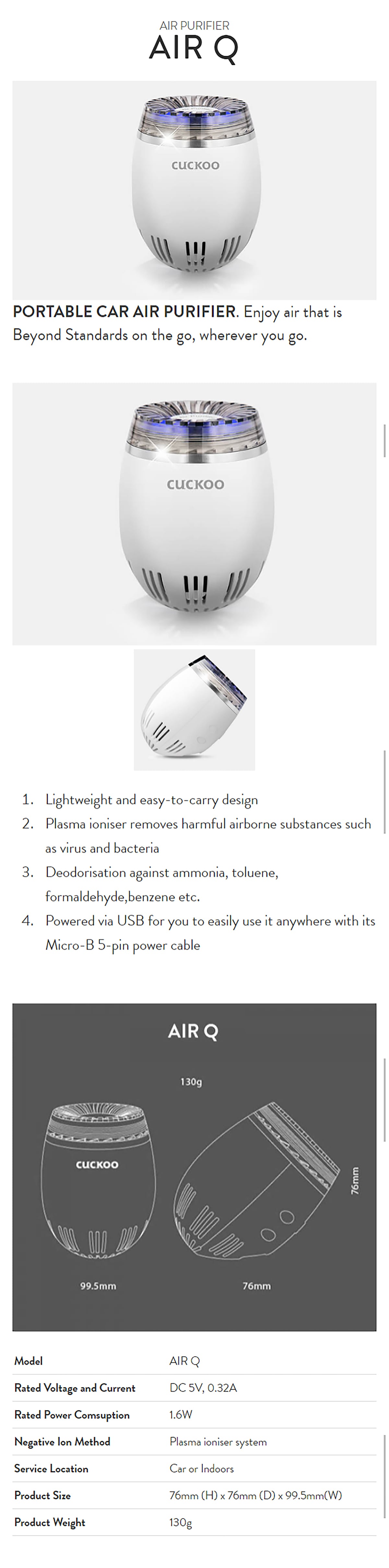 Cuckoo Air Q Air Purifier Portable Plasma Ionizer Deodorizer Lazada Singapore