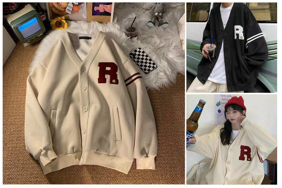 Ao khoac cardigan nam nữ logo thêu r tay phối sọc độc đáo thời trang