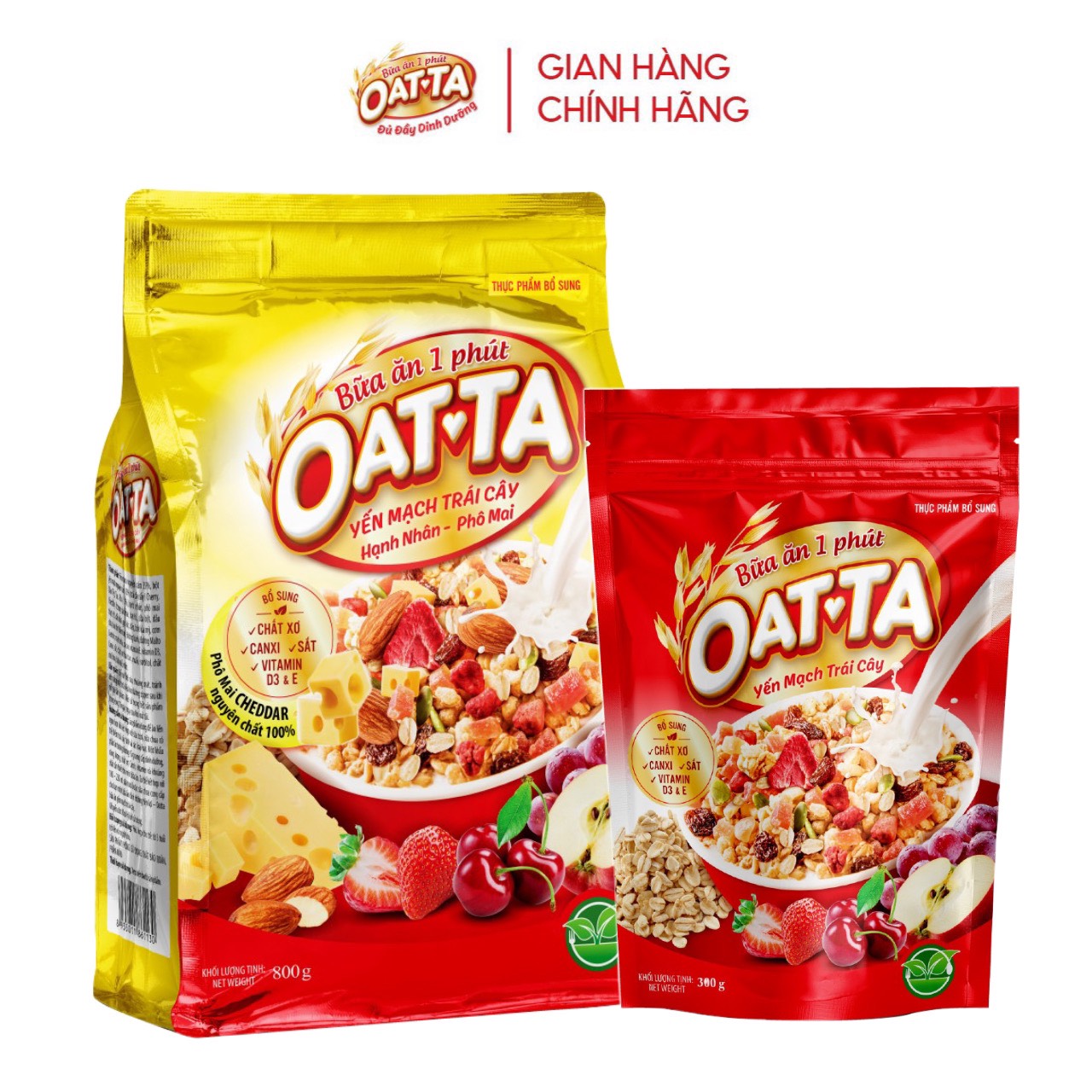 Combo oatta yến mạch trái cây hạnh nhân - phô mai túi 800g + yến mạch trái cây túi 300g