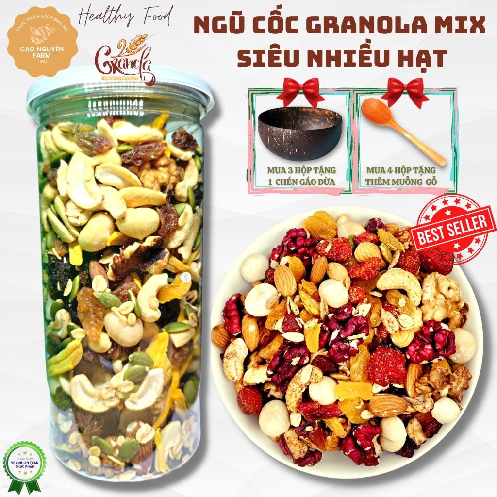 COMBO sỉ 5 & 10 hộp Ngũ Cốc Granola loại cao cấp Mix Siêu Nhiều Hạt ít yến mạch 500g (11 loại hạt) dùng cho giảm cân, ăn kiêng, tăng cơ, bà bầu, ăn Healthy, không đường, thêm hạt macca, óc chó, hạnh nhân, xoài sấy- Cao Nguyên Farm