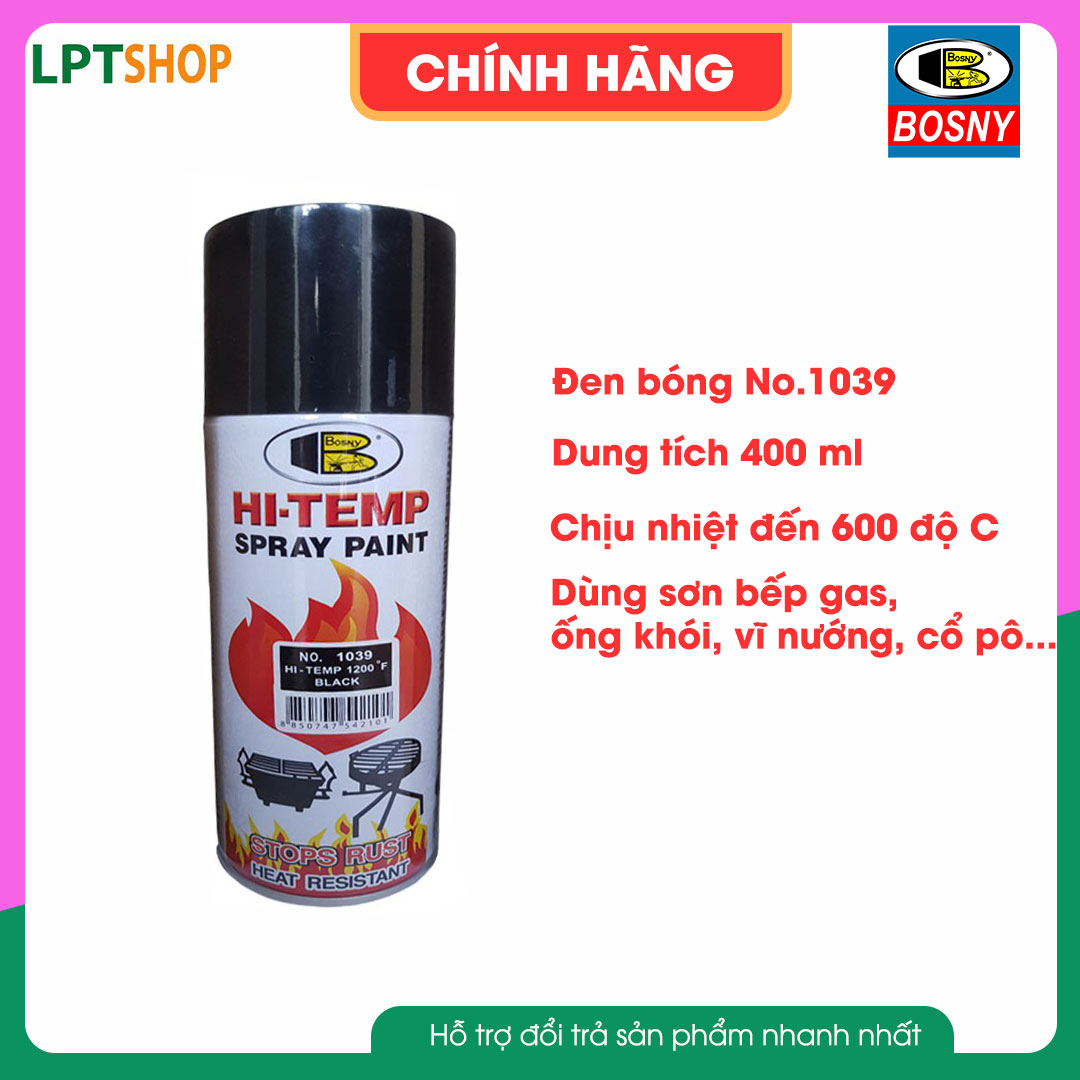 Sơn xịt chịu nhiệt độ cao Bosny Đen Bóng (No. 1039)