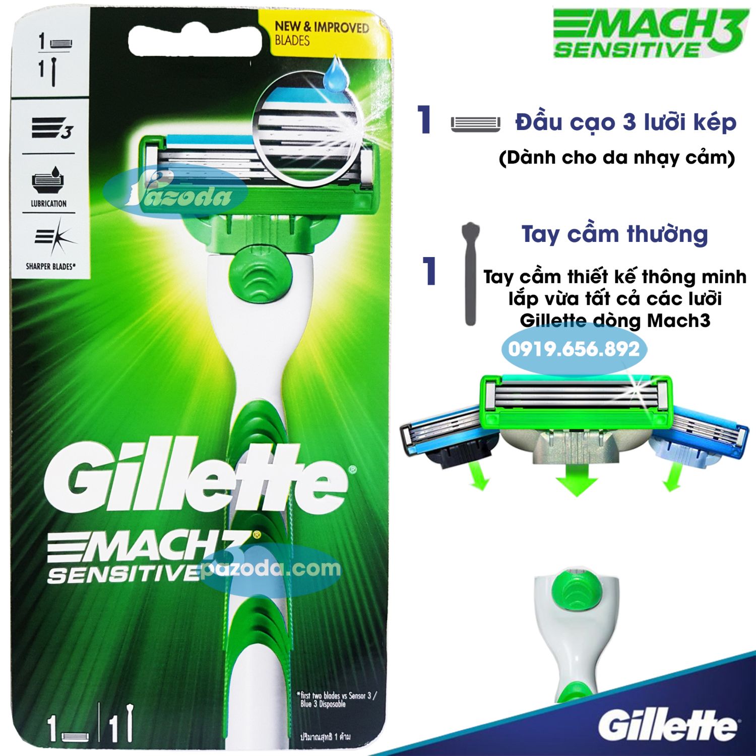 Dao cạo râu 3 lưỡi Gillette mach 3 sensitive (1 tay cầm và 1 đầu cạo 3 lưỡi kép cho da nhạy cảm)