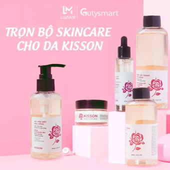 Bộ skincare cho da dầu mụn Kisson, Bộ chăm sóc dưỡng da hoa hồng, nước tẩy trang hoa hồng, sữa rửa mặt, toner, nước hoa hồng, serum tinh chất hoa hồng, mặt nạ ngủ hoa hồng chăm sóc cho mọi loại da - Guty Smart