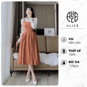 Set Áo Sơ Mi Cổ Đức ALICE Kèm Váy 2 Dây Nhung Tăm Xoè Bồng Điệu Đà Hack Dáng Phù Hợp Đi Chơi Đi Làm S1054